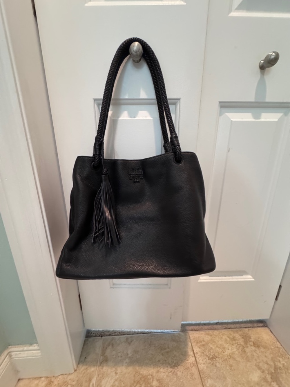 Tory Burch Black Leather Shoulder Tote with Tassel